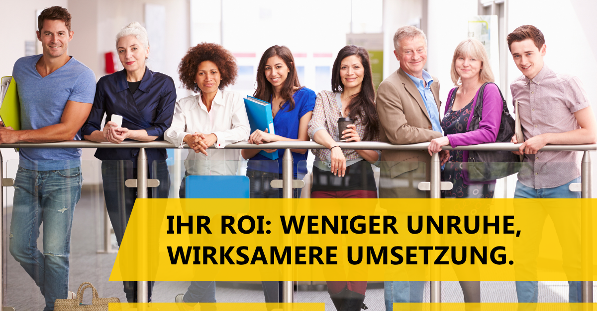 Führungskräfte-Team in Weiterbildung zur systemischen Organisationsentwicklung – Fokus auf ROI durch wirksamere Umsetzung und weniger Reibung